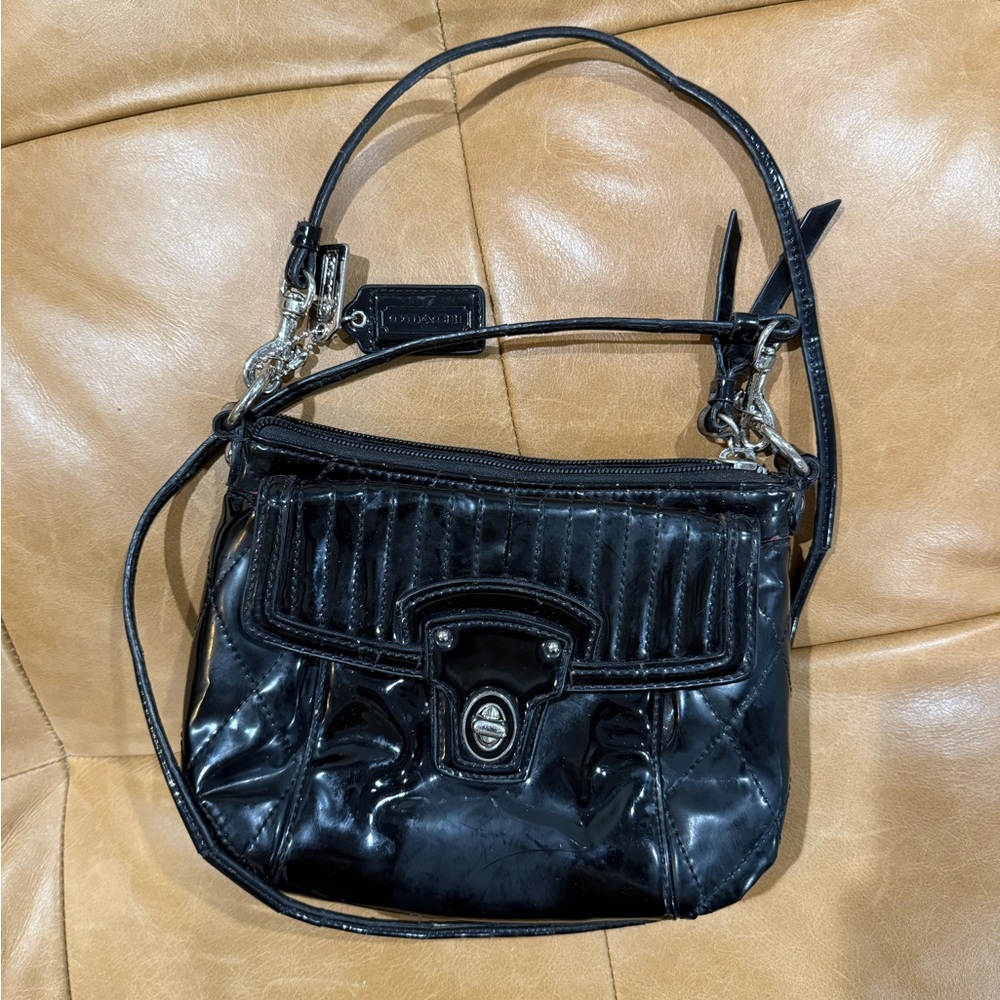 Coach small black patent leather crossbody bag
